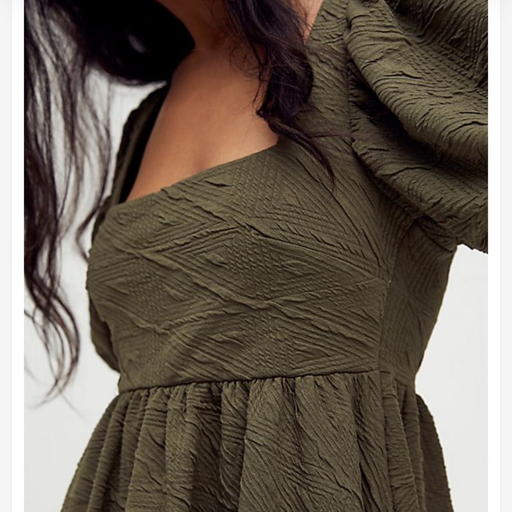 Free People Olive Green Textured Puff Sleeve Mini Dress - Picture 5 of 12